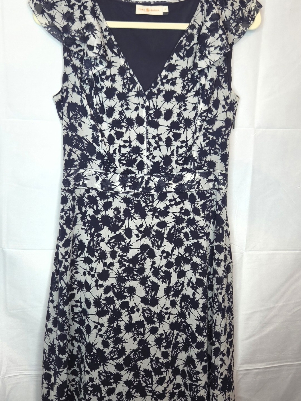 Tory Burch Sapphire Blue Thistle ruffle V-neck  Blue and White Silk Midi Dress